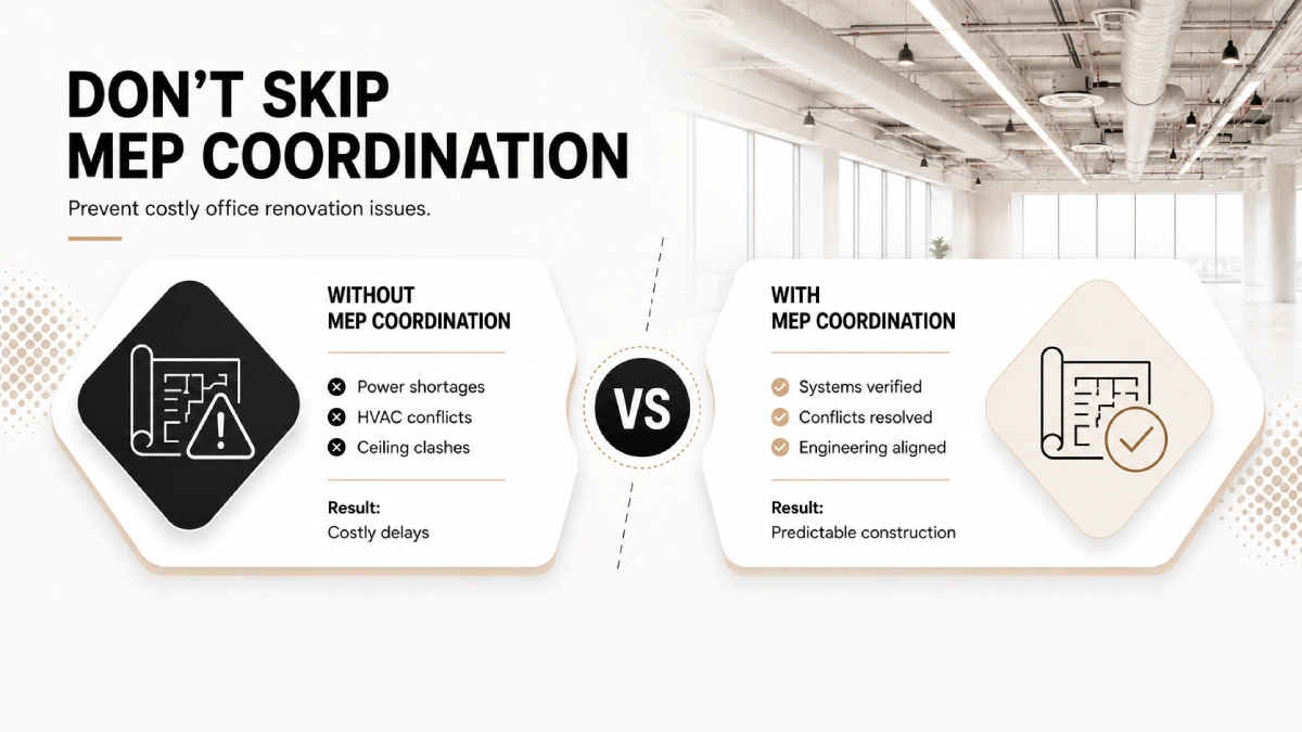 Office renovation infographic showing the benefits of MEP coordination for interior design services in Florida,